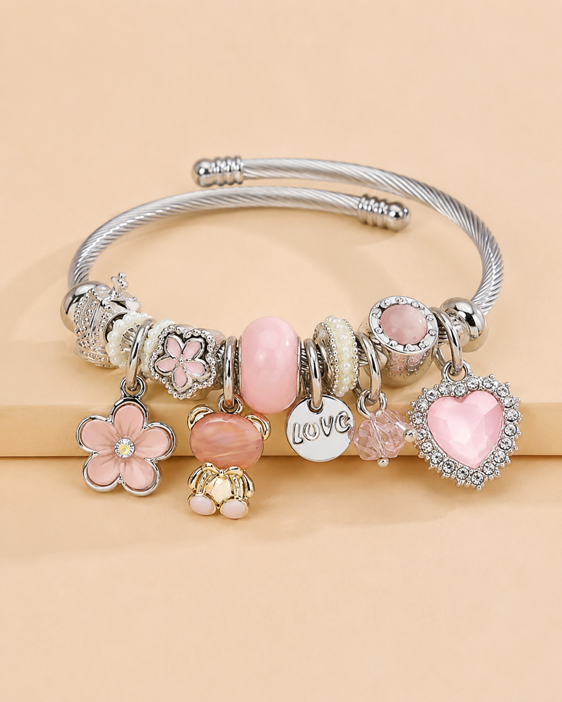Rose Quartz Teddy & Blossom Charm Bracelet