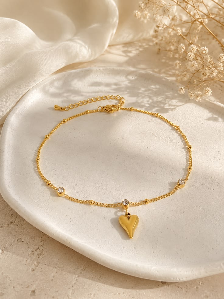 18K Gold Plated Puffy Heart Charm Chain