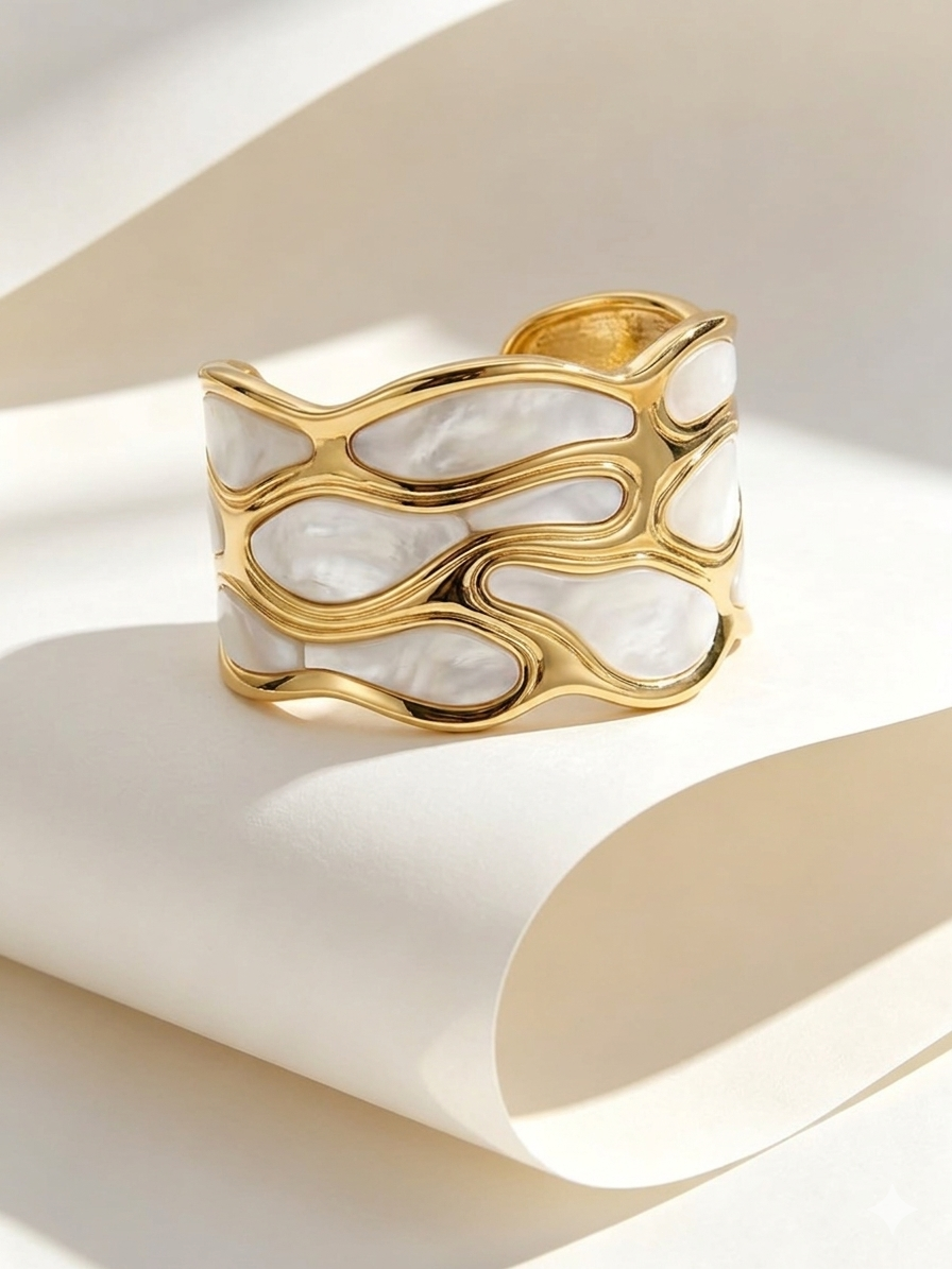 Sculptural Wavy White Inlay Gold Cuff