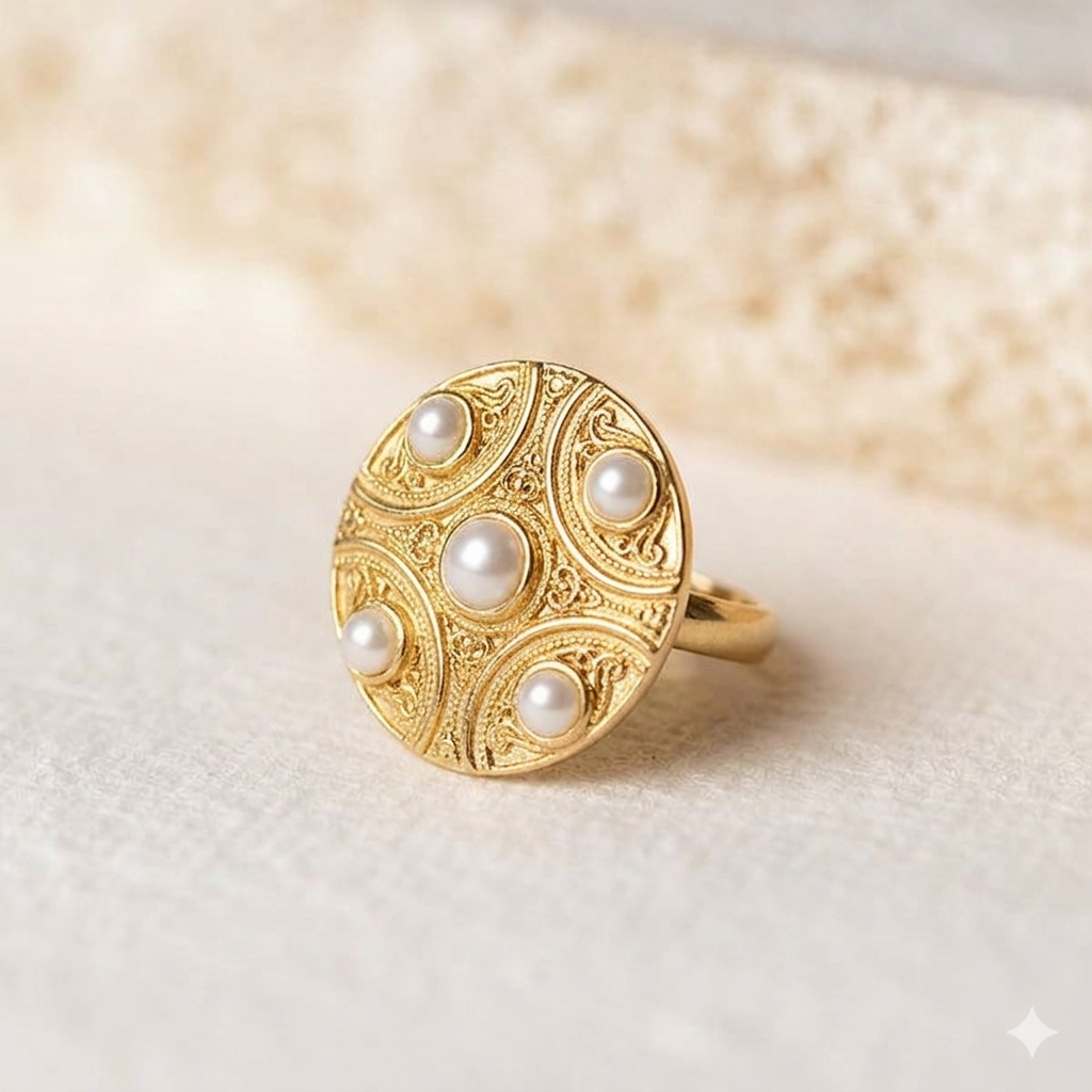 Ornate Gold Disc Ring with Pearl Accents