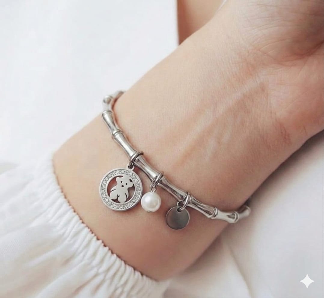 Teddy Charm Bamboo Joint Silver Bracelet