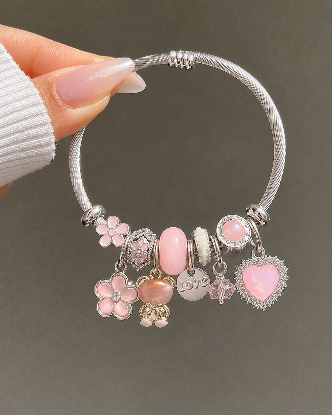 Rose Quartz Teddy & Blossom Charm Bracelet