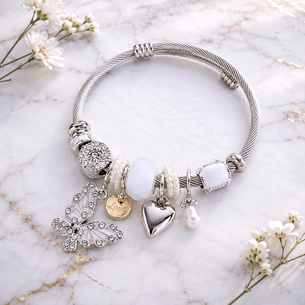 Pearl & Silver Heart Charm bracelet