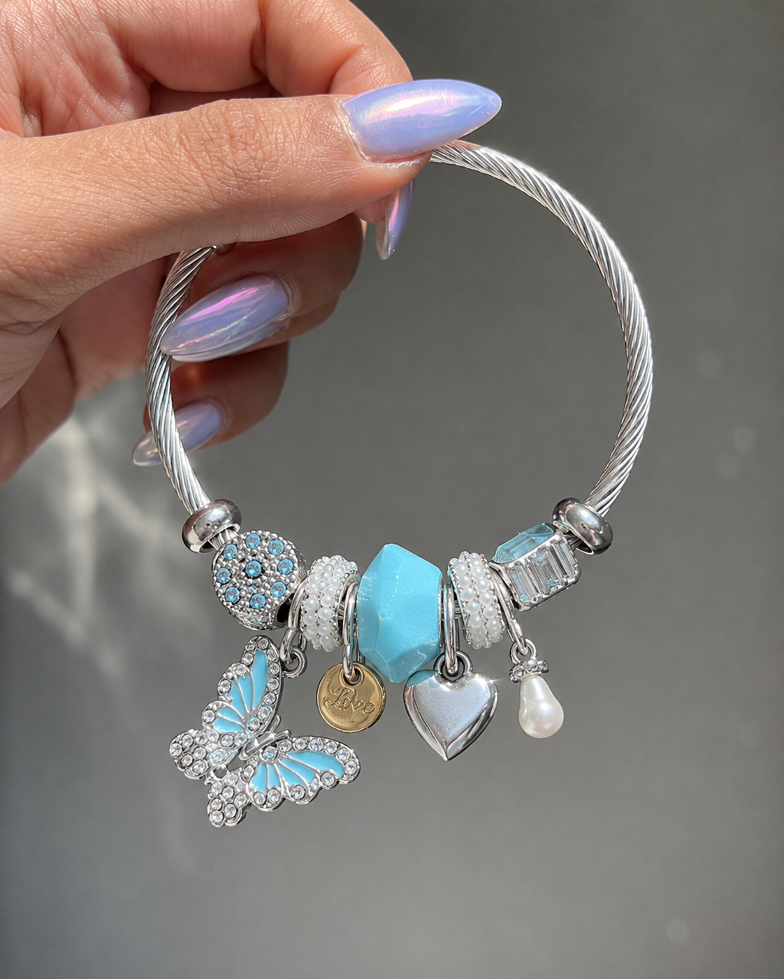 Sky Blue Enamel & Heart Charm bracelet