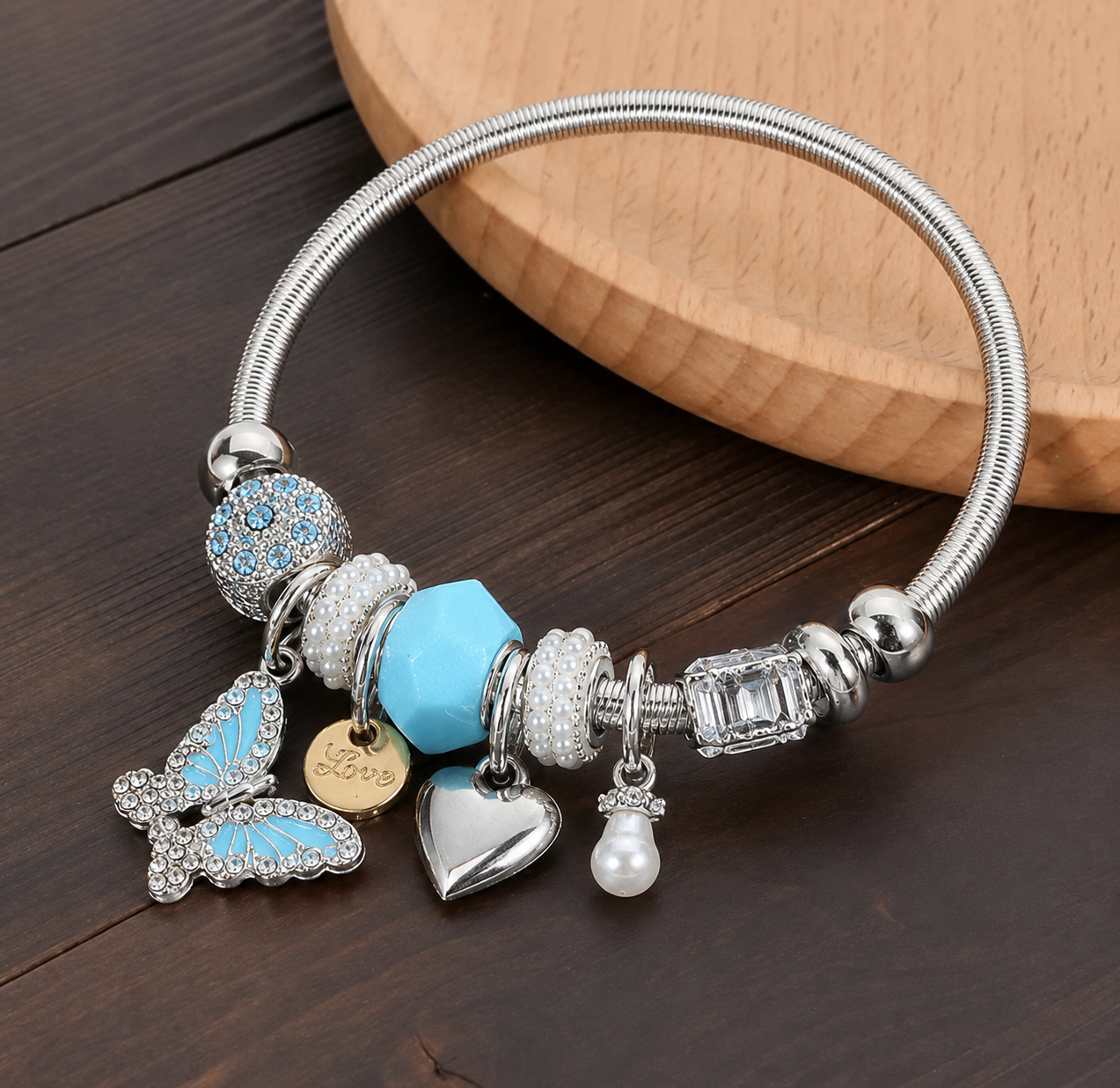 Sky Blue Enamel & Heart Charm bracelet