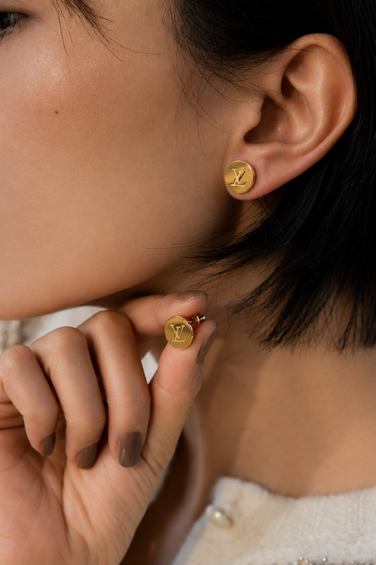 Women's Gold Plated Round Monogram Stud Earrings
