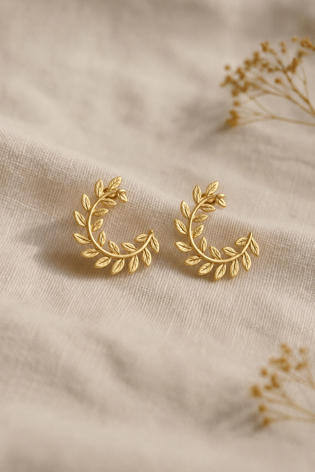 18K Gold Plated Olive Branch Hoop Studs