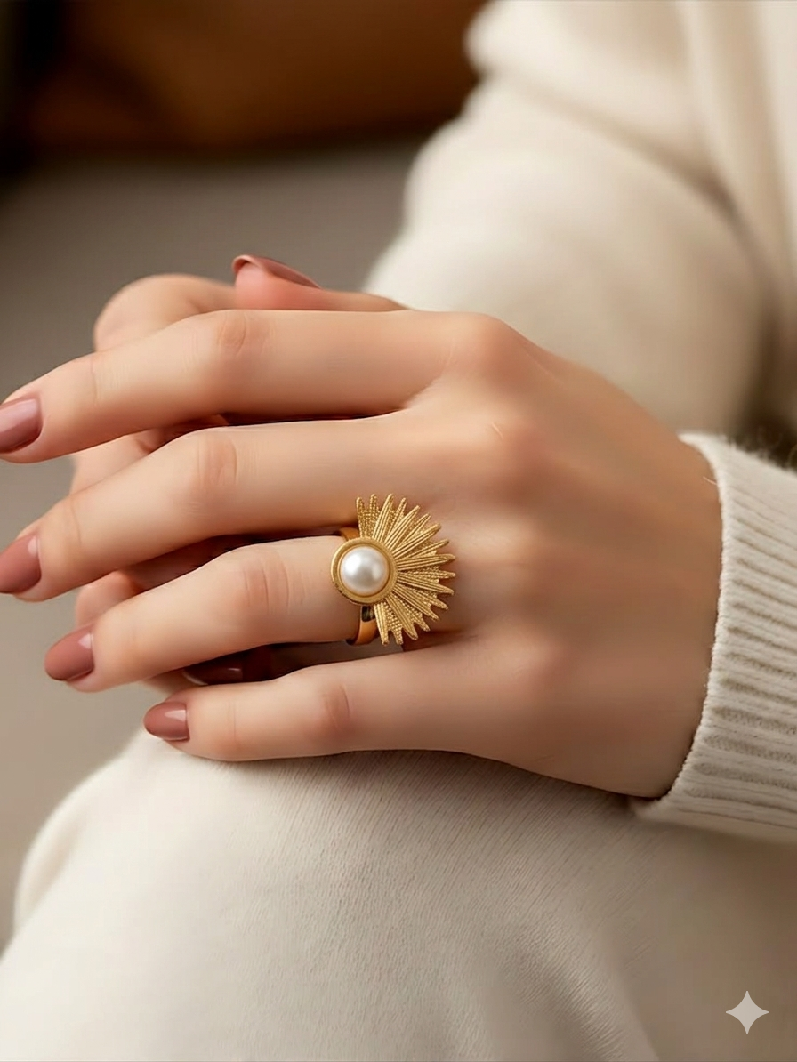 Gold Plated Sunray Pearl Statement Ring