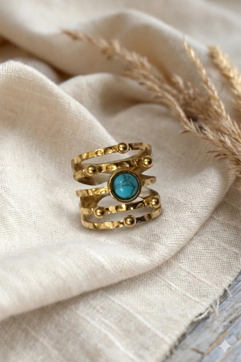 Multi-Band Gold Textured Turquoise Ring