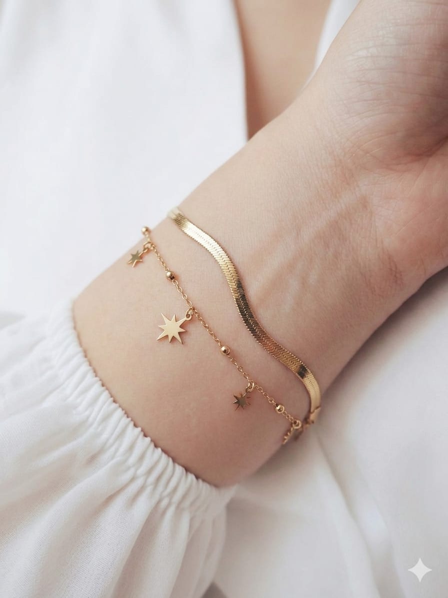 Celeste Layered Herringbone & Star Charm Bracelet