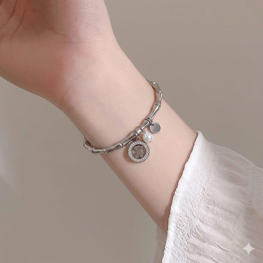 Teddy Charm Bamboo Joint Silver Bracelet