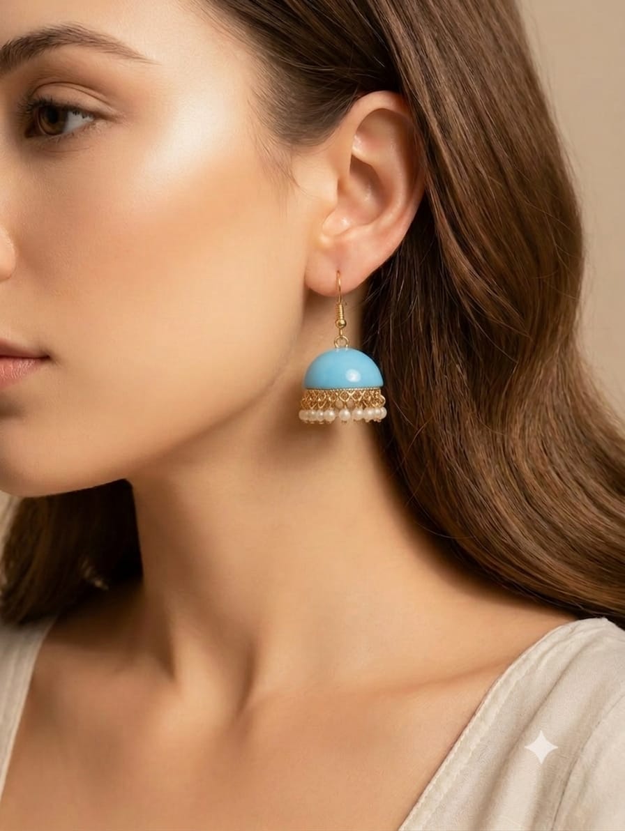 Pastel Blue Dome Jhumkas with Pearl Linings