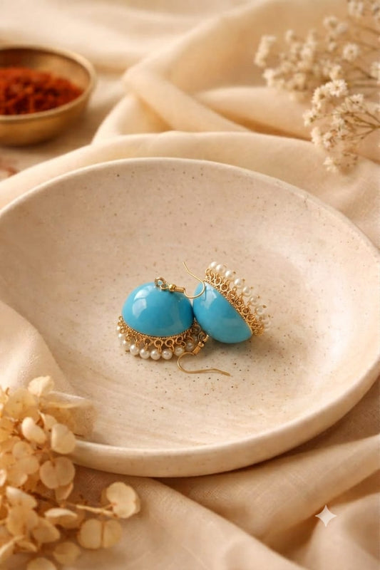 Pastel Blue Dome Jhumkas with Pearl Linings