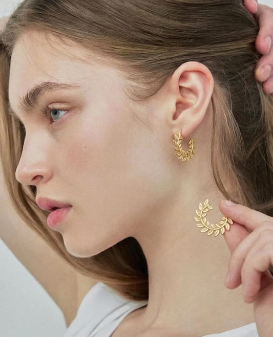 18K Gold Plated Olive Branch Hoop Studs