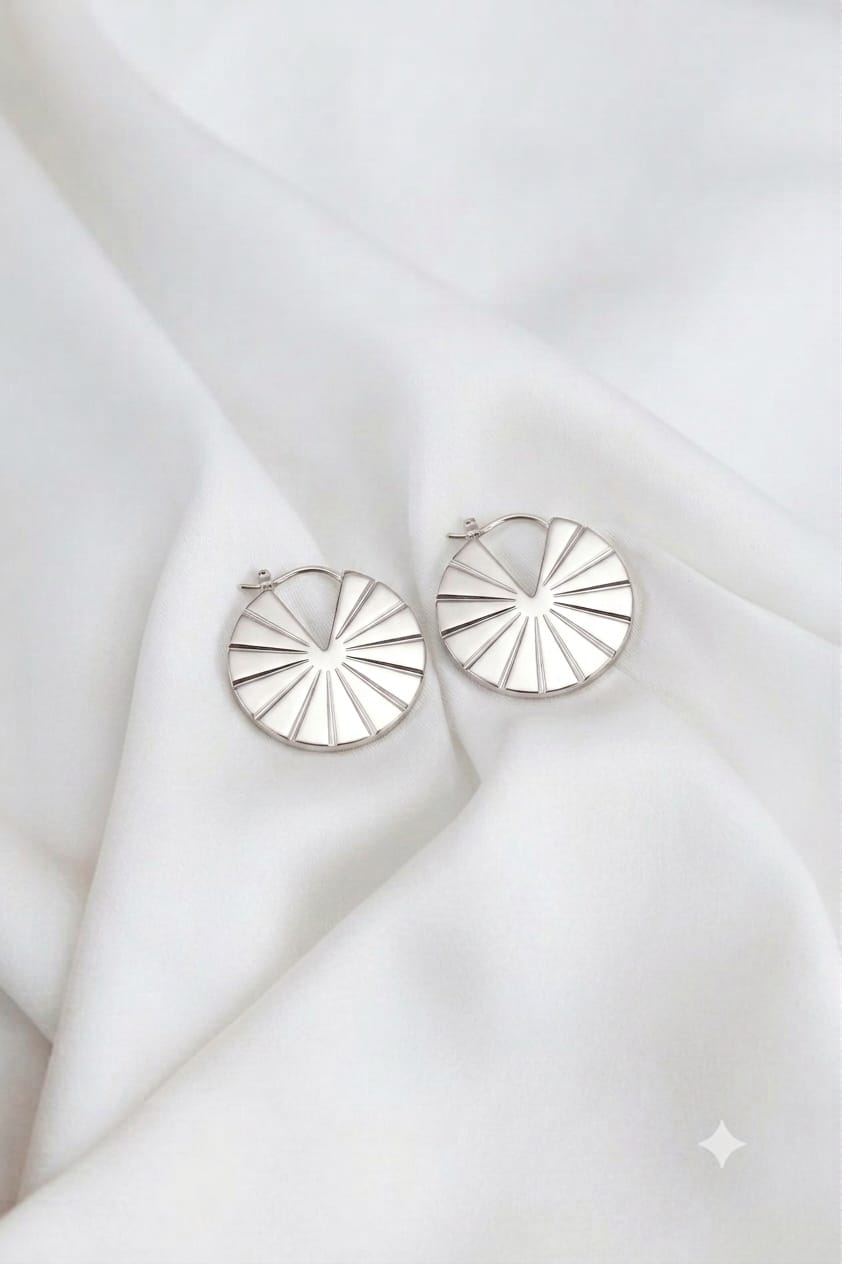 Silver Sunburst Disk Hoop Earrings