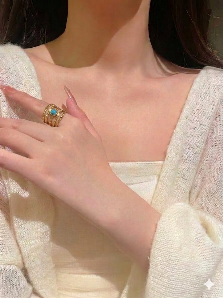 Multi-Band Gold Textured Turquoise Ring