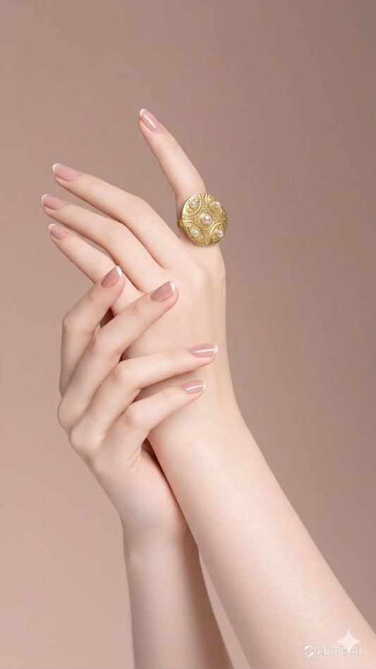 Ornate Gold Disc Ring with Pearl Accents