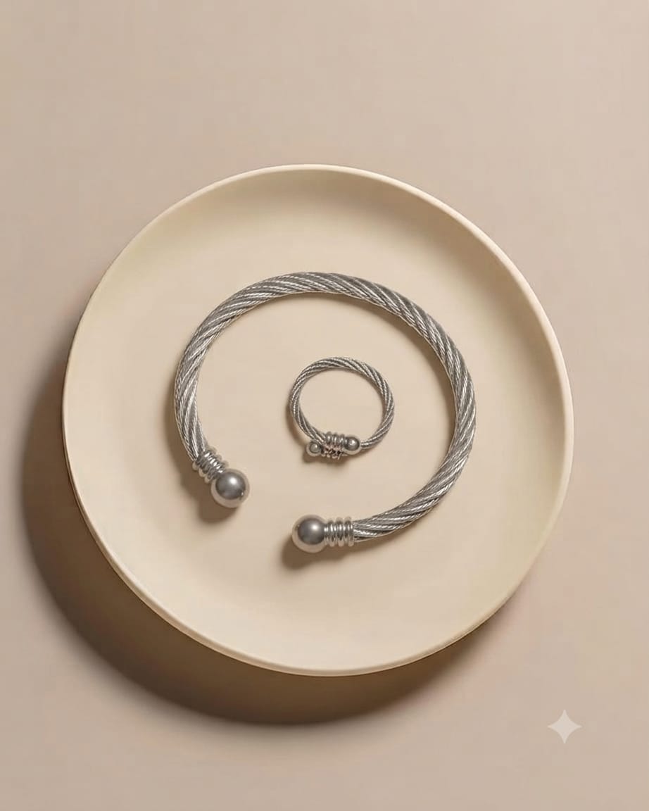Men's Stainless Steel Cable Wire Bracelet & Ring Set – Silver Minimalist Jewelry