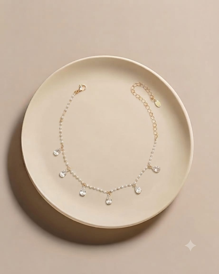 Women's Gold Plated Pearl & Crystal Drop Anklet