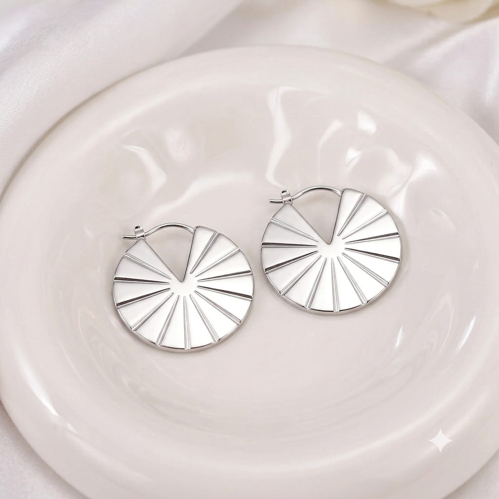 Silver Sunburst Disk Hoop Earrings