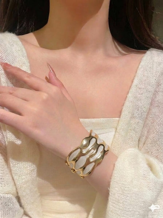 Sculptural Wavy White Inlay Gold Cuff
