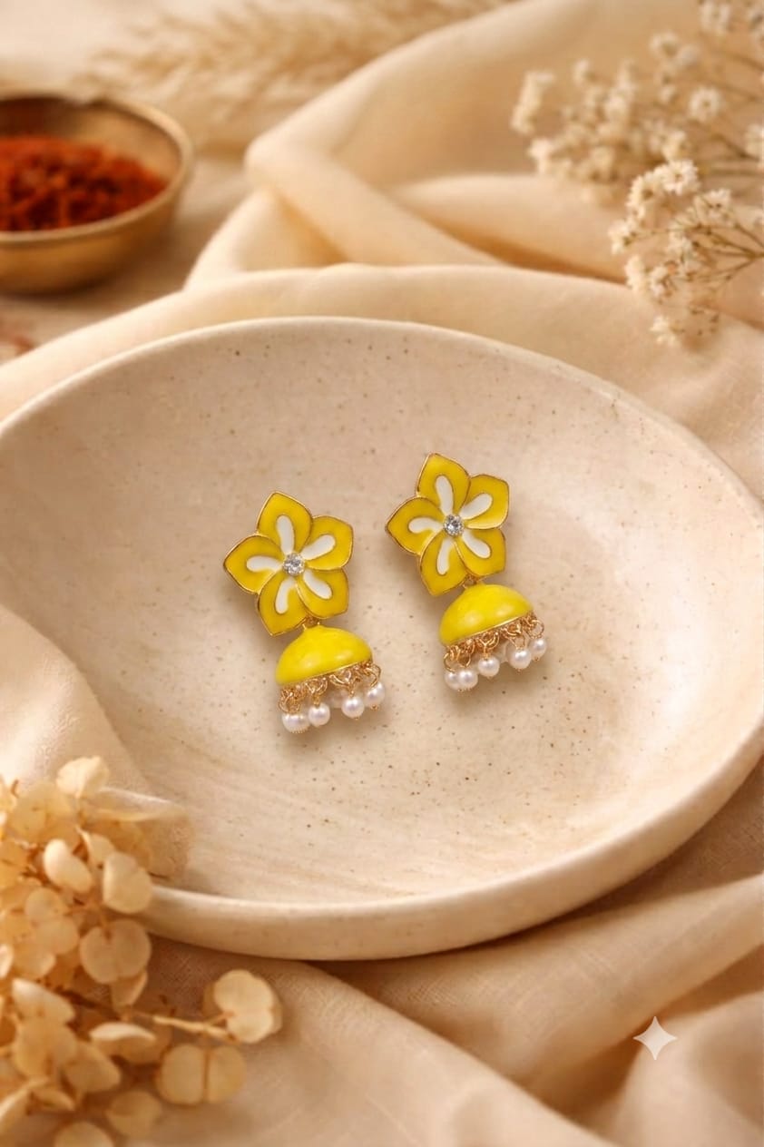 Saffron Petal Enamel Jhumkas with Pearl Drops