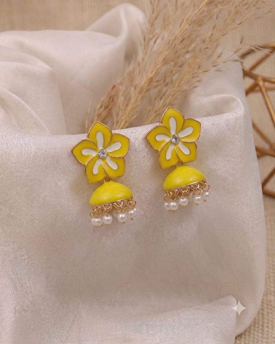 Saffron Petal Enamel Jhumkas with Pearl Drops