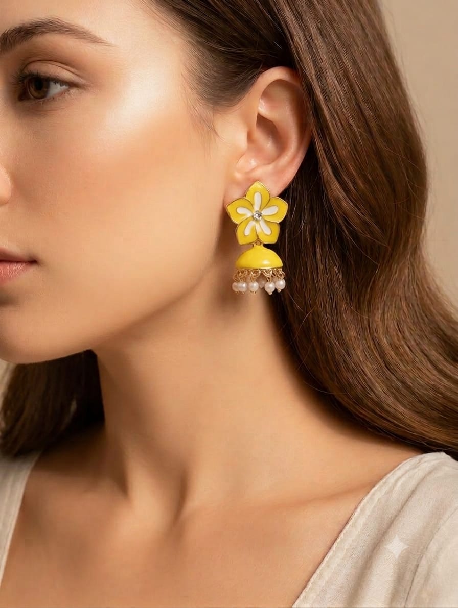 Saffron Petal Enamel Jhumkas with Pearl Drops