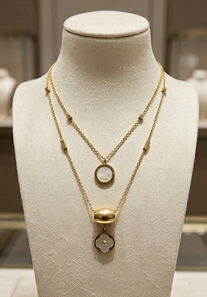 Stainless Steel Gold & White Double Layer Pendant